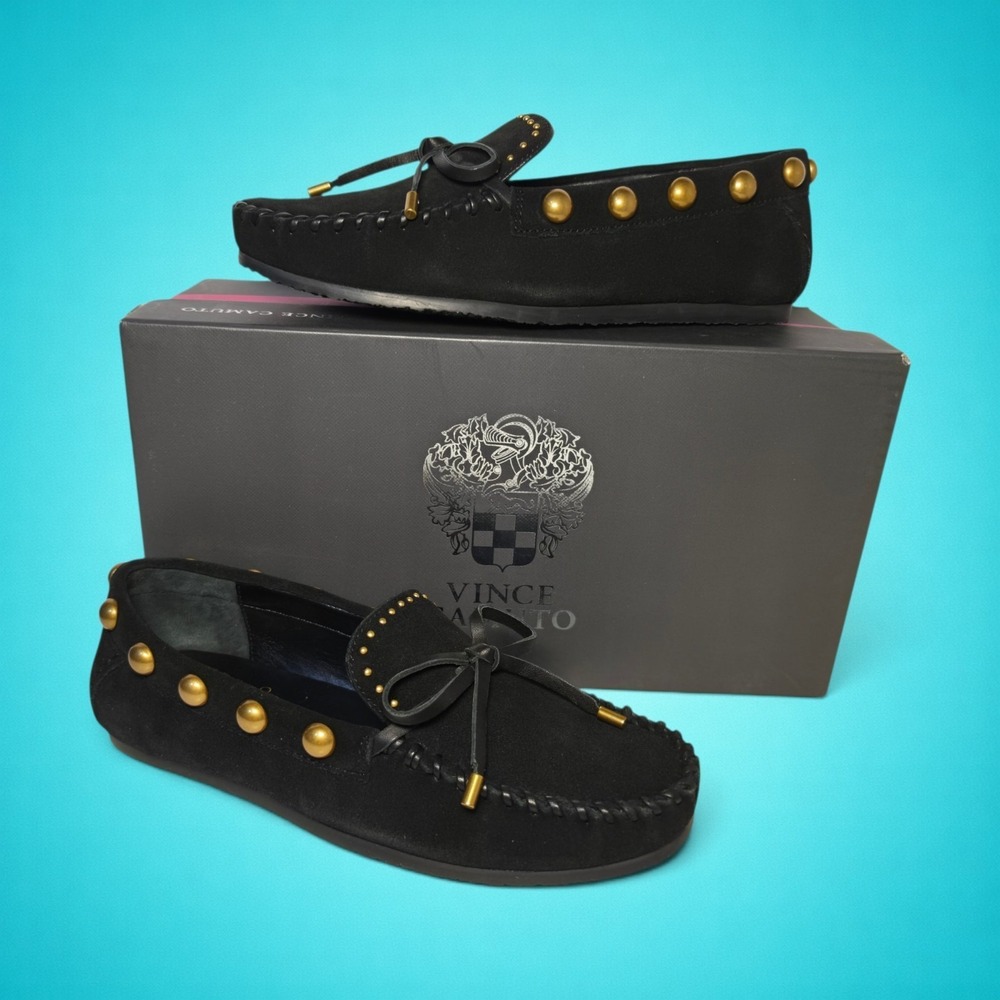 New Women's Vince Camuto Sennett Studded Black Suede Moccasin, Size 6M